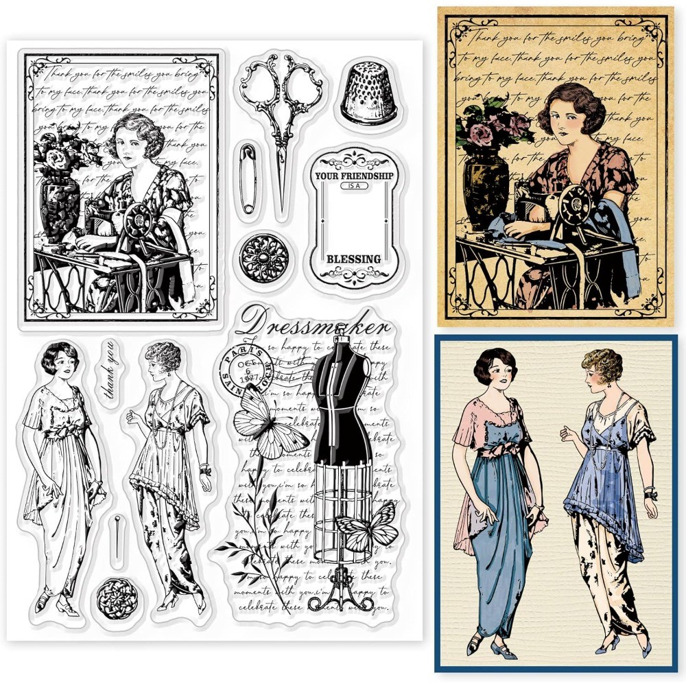 

1pc Vintage Sewing Background Clear Stamps for DIY Scrapbooking Elegant Lady Mannequin Silicone Clear Stamp Seals for Journals
