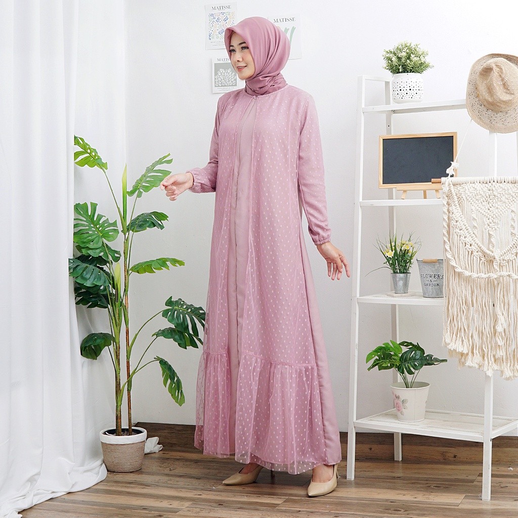 Haliya Tile Dotty Gamis Dress Mosscrepe Mix Tille Dot Maxi Dres Muslim Lebaran Pesta Kondangan Murah