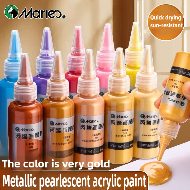 

Marie's 50ml Metallic Acrylic Paint Pearlescent Rich Shiny Pigments with Bottle, Golden Slivery for DIY Painting Art Supplies
