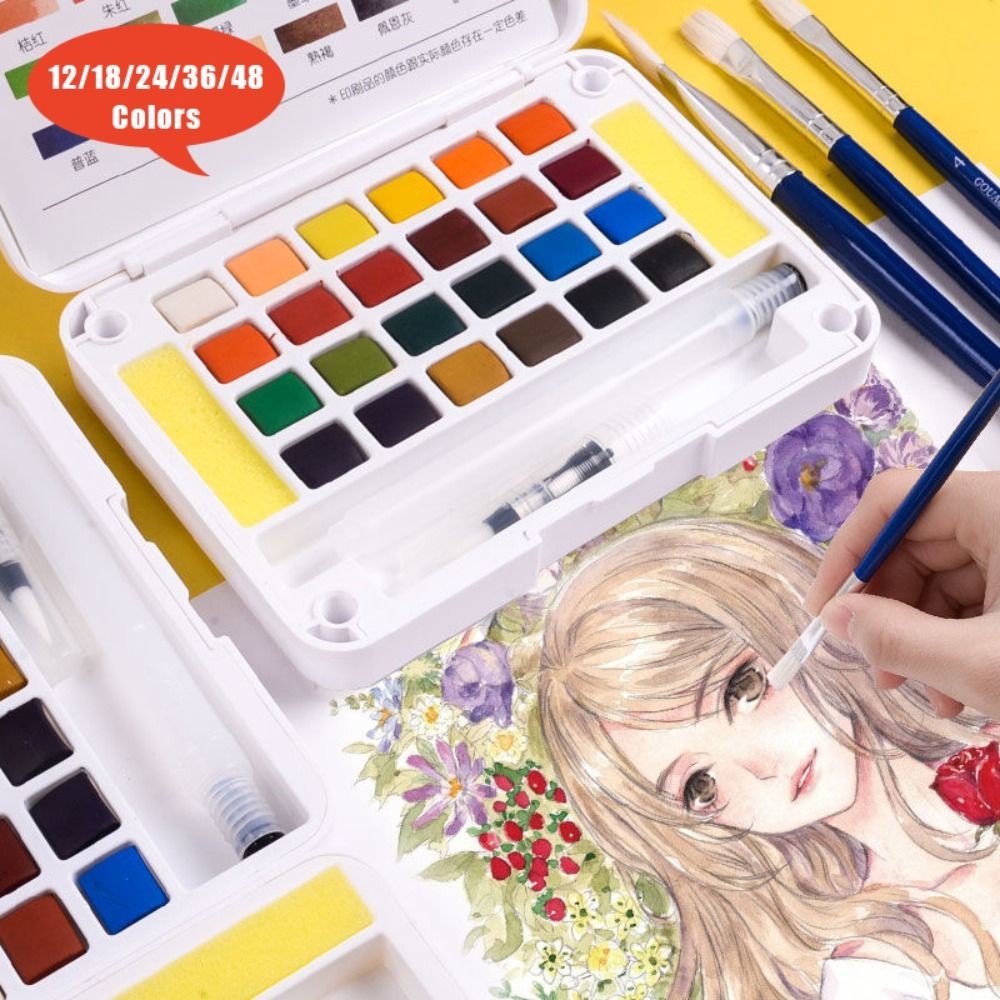 

Professional With Water Brush Pen Watercolor Paint Set 12/18/24/36/48 Colors Solid Oil Painting Kit Watercolor Pigment School