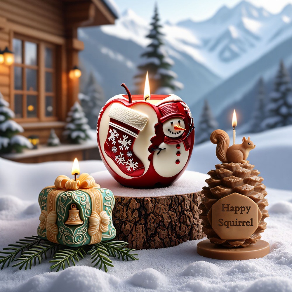 

3D Bell Gift Box Winter Silicone Candle Mould Relief Snowman Apple Plaster Resin Mold DIY Pine Cones Ceramic for Decor