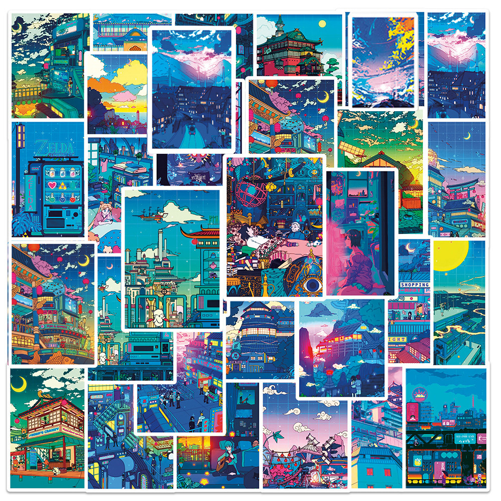 

10/30/50pcs Anime View Street Night Painting Prints Cartoon Stickers Cute Aesthetic Decals Skateboard Laptop Phone Cool Sticker
