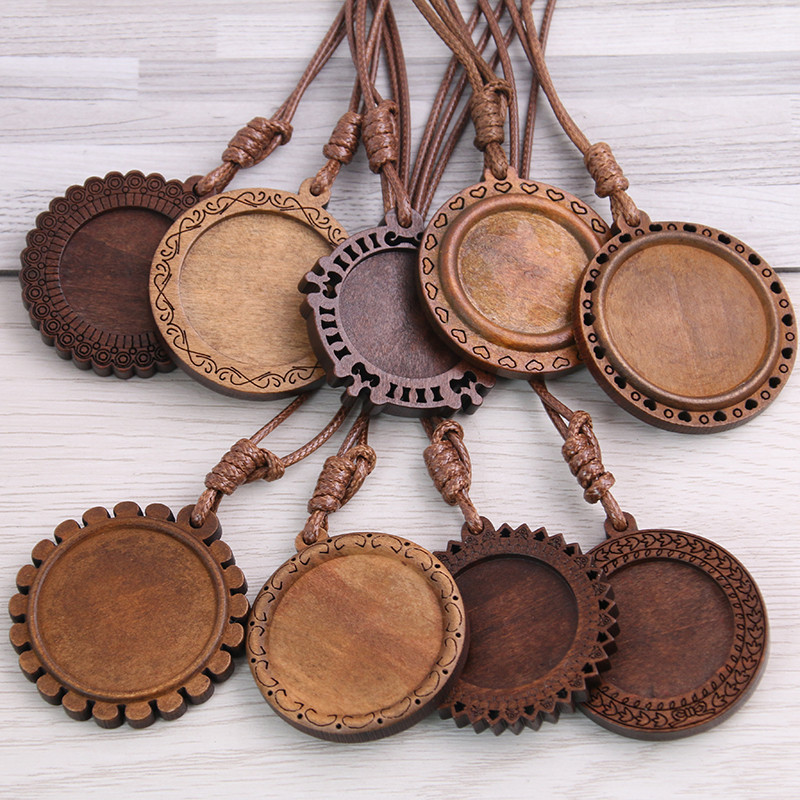 

5pcs wood cabochon settings 25mm 30mm inner size blank cameo pendant base trays with leather cord for wooden jewelry making 8D