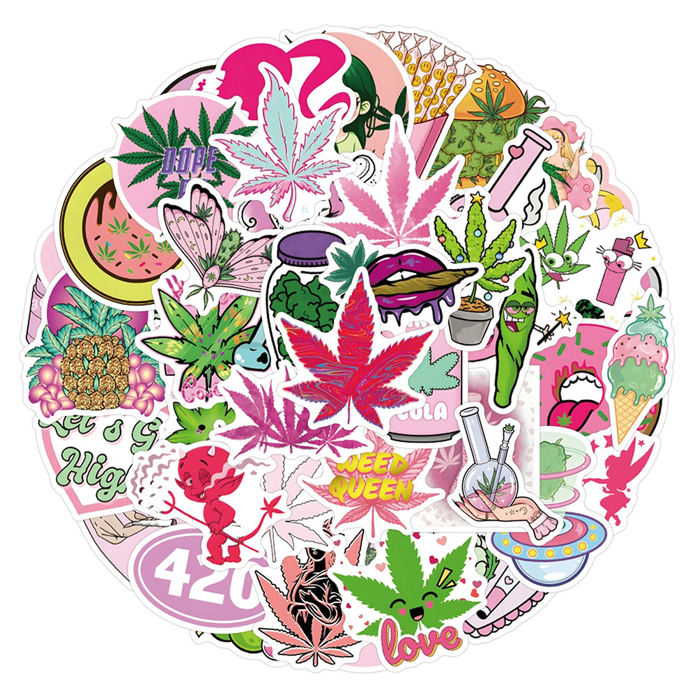 

10/30/50/110pcs Cool Pink Cute Cartoon Weed Leaves Spoof Stickers Decals Laptop Motorcycle Phone Car Bike Waterproof Sticker Toy