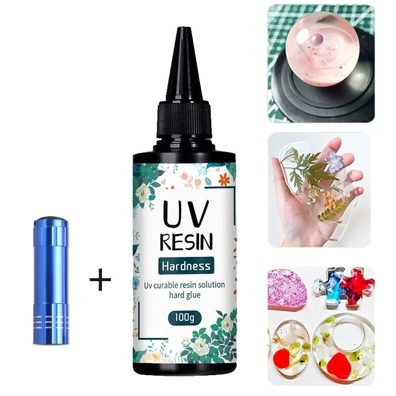 

UV Resin 100g With UV Light Crystal Clear Hard Type UV Glue Ultraviolet Curing High Hardness Epoxy Resin for DIY Jewelry Making