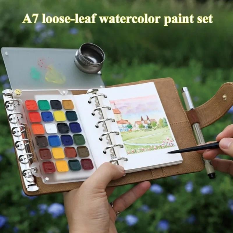

A7 Loose-leaf Watercolor Pigment Imitation Cowhide Travel Ledger Set Portable Drawing Palette Multi-functional Art Supplies