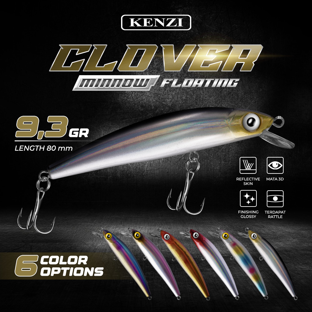 LURE KENZI CLOVER 80mm 9.3gr - MINNOW FLOATING Umpan Pancing Gabus Nila Hampala Lures with Treble Ho