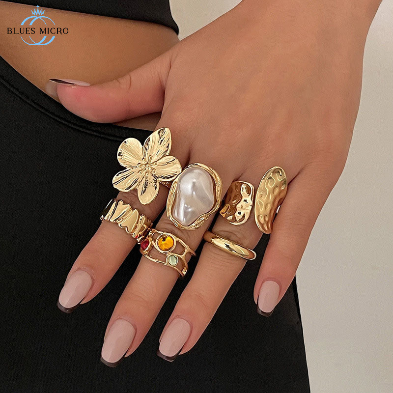 COD Set Cincin Titanium Wanita Cincin Batu Permata Cincin Terbuka Mutiara Batu Permata Boho Bohemian