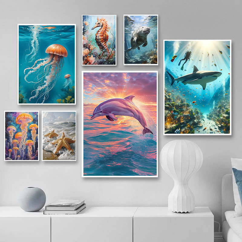 

Abstract Jellyfish Sea Turtle Seahorse Canvas Painting Prints Marine Animal Posters and Pictures Wall Art Living Room Home Decor
