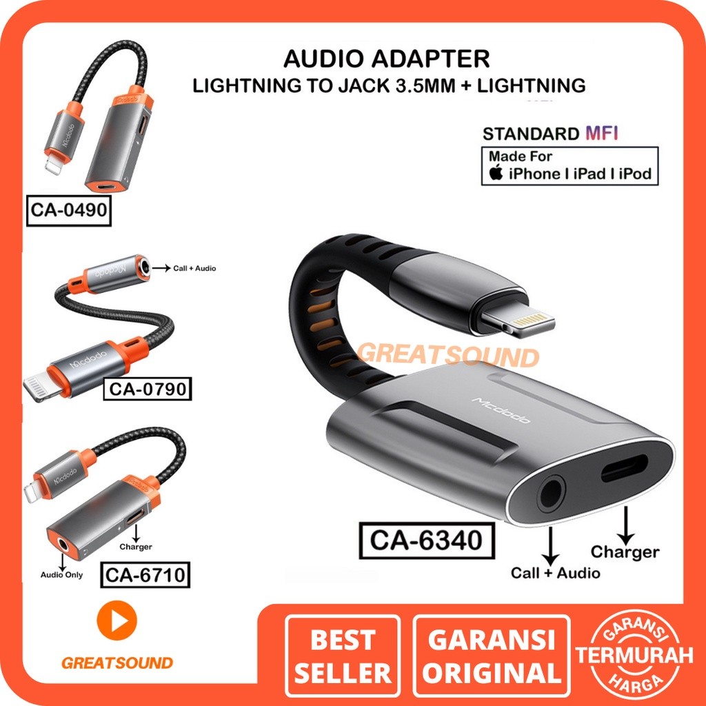 Mcdodo CA6340 Jack Audio 2 In 1 Lightning Original Sambungan Audio Otg Adaptor Lightning Dc3.5mm Mcd