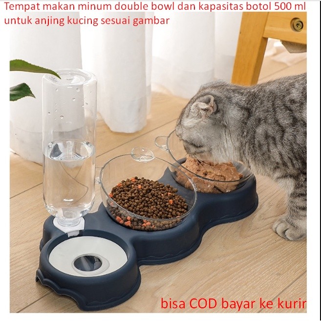

Tempat makan minum double bowl dan kapasitas botol 500 ml untuk anjing kucing sesuai gambar