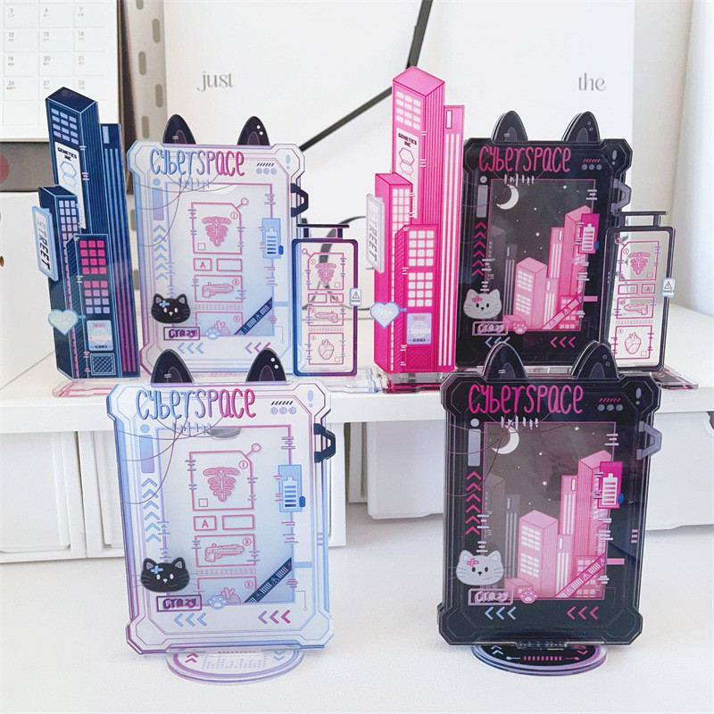 

Cartoon Cyber Space Cat Acrylic Frame 3 Inch Photo Card Punky Style Kpop Photocard Display Stand Creative Desk Decoration 2024