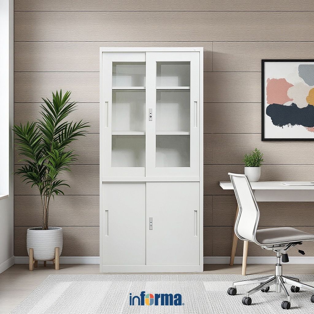 Informa Gavin Kabinet Kantor 4 Pintu Geser Metal Half - Putih Lemari Kabinet Office Cabinet Penyimpa