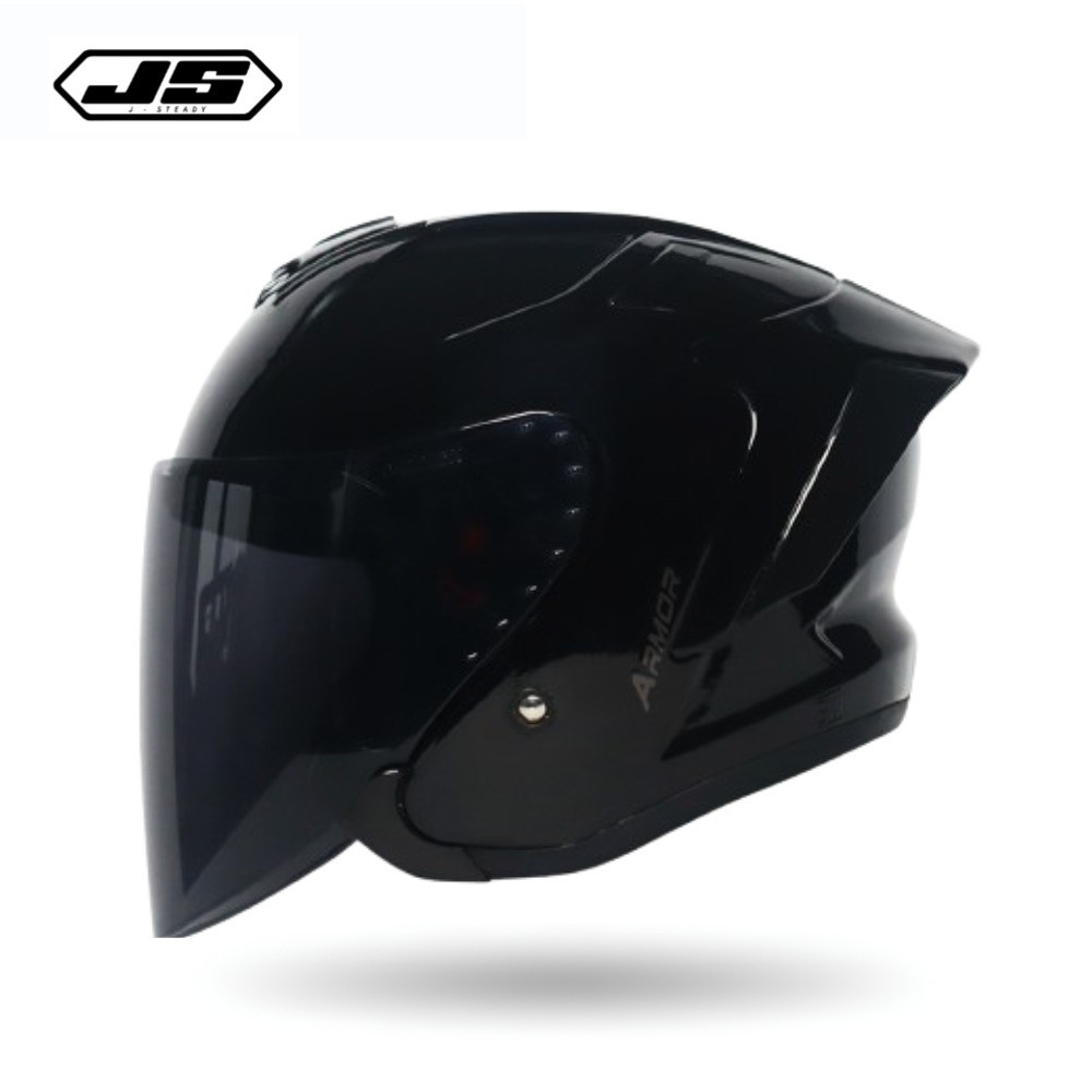 Helm JS Armor Ori Black Glossy - Helm Half Face - Helm Pria Keren Anti Silau Paket Ganteng sudah SNI