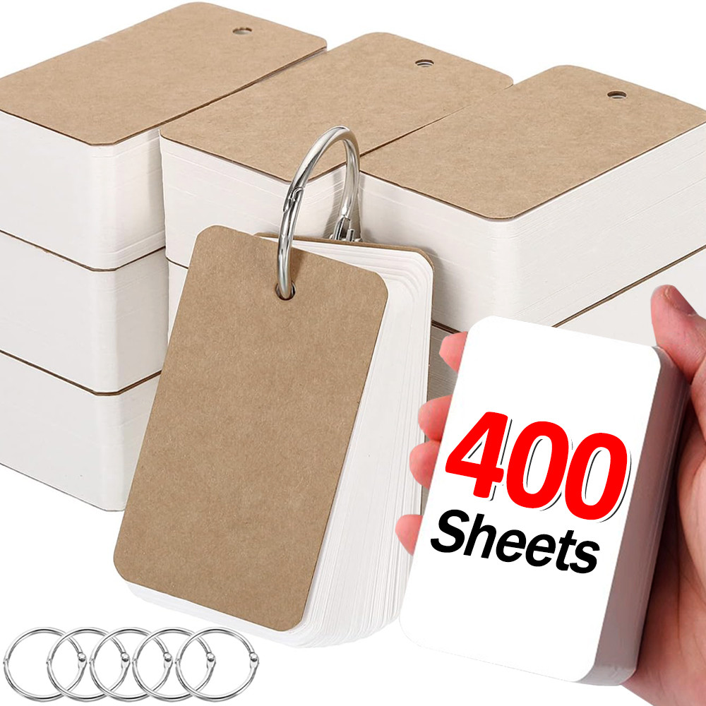 

400-100Sheets Flash Cards Portable Index Cards with Ring Study Note Memo Pad Kraft Paper Notecards for Studying School Supplies