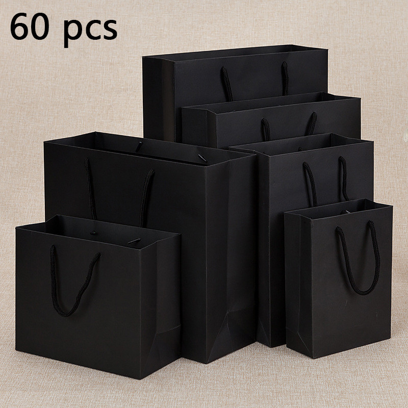 

60 Pieces of Black Paper Bag Handbag Hand-Held Gift Bag Gift Clothing Store High-End Shopping Bag Hardened and Thickeneded