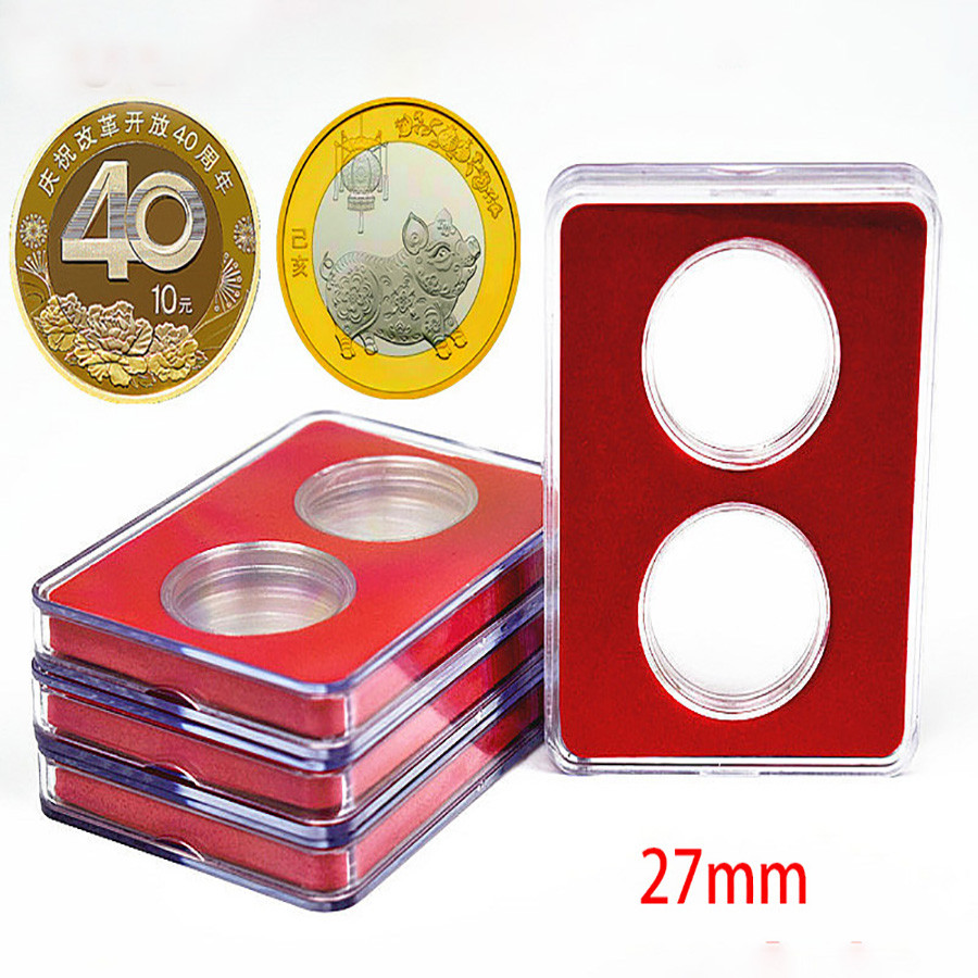 

27mm 30mm Small Label Grade IDENTIFICATION 2 Coins slabs Holder Display Red Color Coin Collecting Storage Box