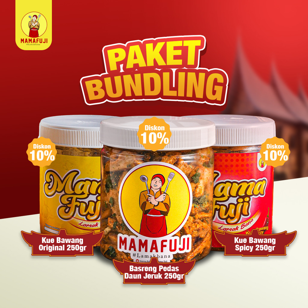

Mamafuji - Paket Hemat Cemilan Best Seller [Kue Bawang Ori, Kue Bawang Spicy, Basreng Daun Jeruk] 250gr