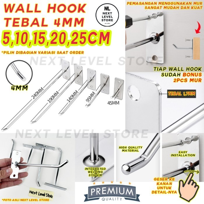 Wall Hook Tebal 4mm 5 10 15 20 25 CM - FREE 2 MUR Cantolan Display Besi Cantelan