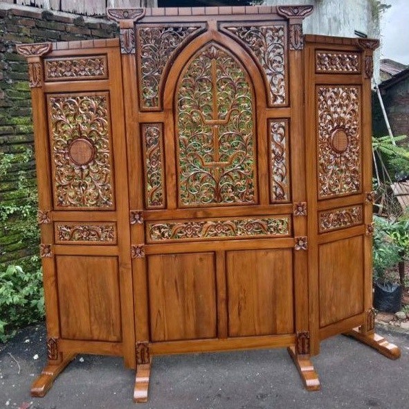 Penyekat ruangan pembatas sketsel sekat masjid ruang tamu mushola kayu jati solid grade A ori perhut