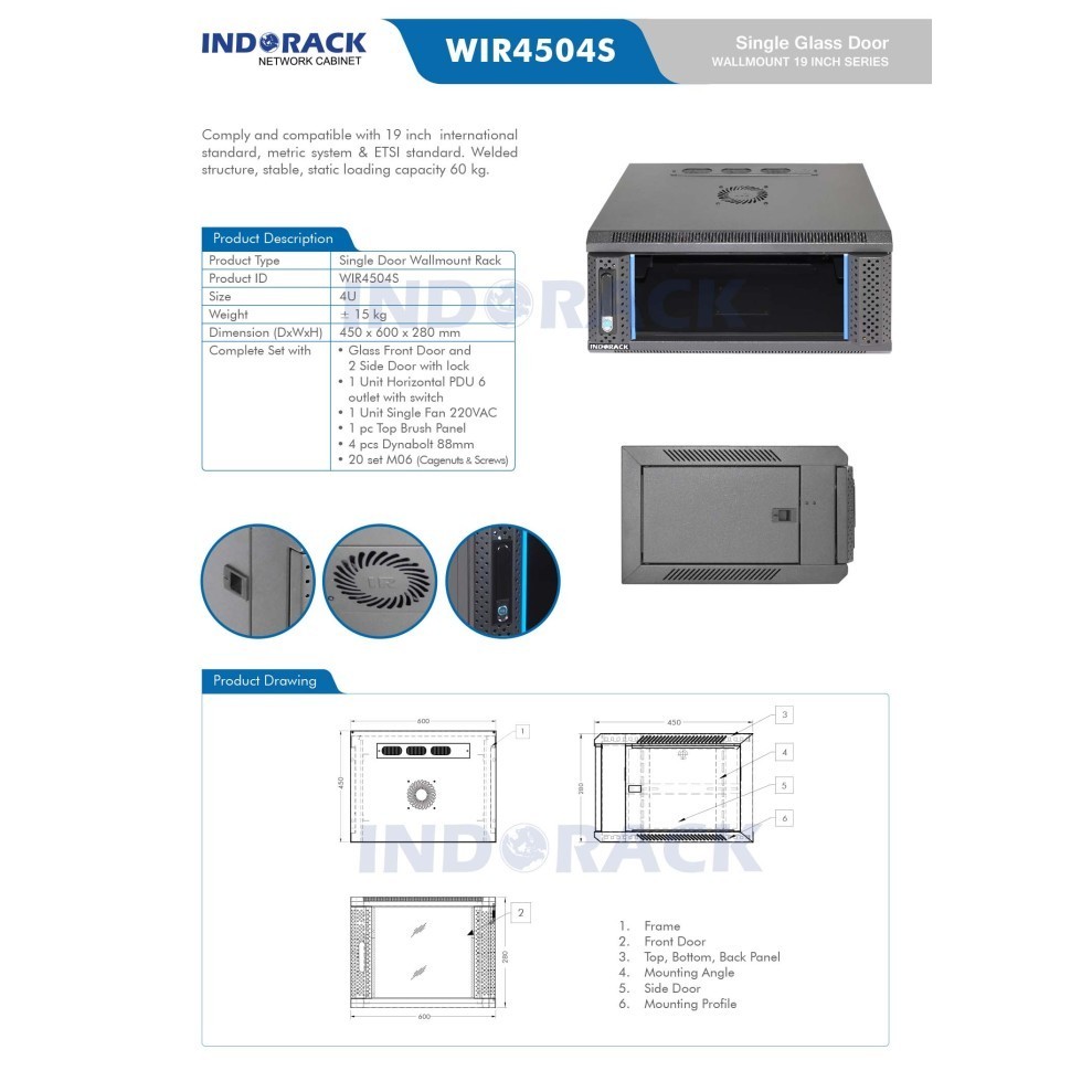 Indorack Wallmount Rack WIR4504S 4U 450mm Rak Server Internet Wifi PC