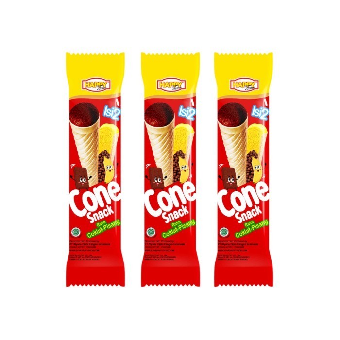 

Happy Time Cone Snack Cokelat Pisang 12g Isi 10pcs Cemilan Murah dan Enak