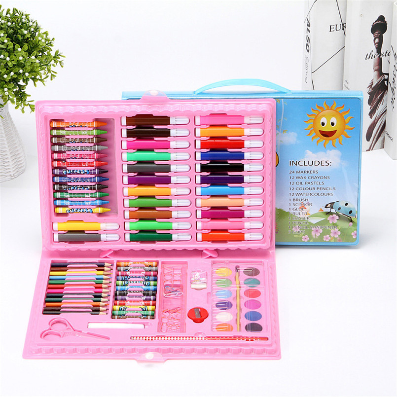 

86Pcs/set Pink Blue Children Painting Drawing Brush Set Graffiti Paint Toys Watercolor Pen Art Learning Stationery Box Kids Toy