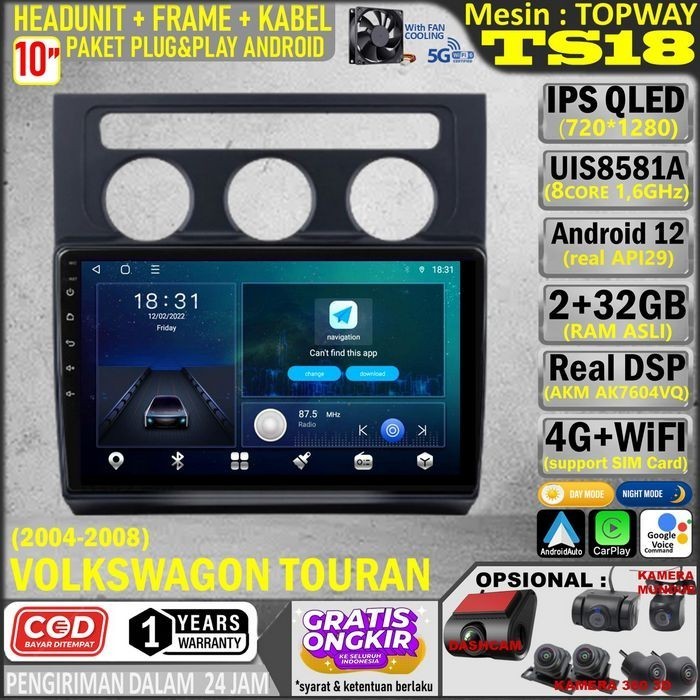 Paket Headunit Android 10 inch + Frame + Soket PNP Volkswagen Touran Topway TS18 UIS8581A-Octacore 1
