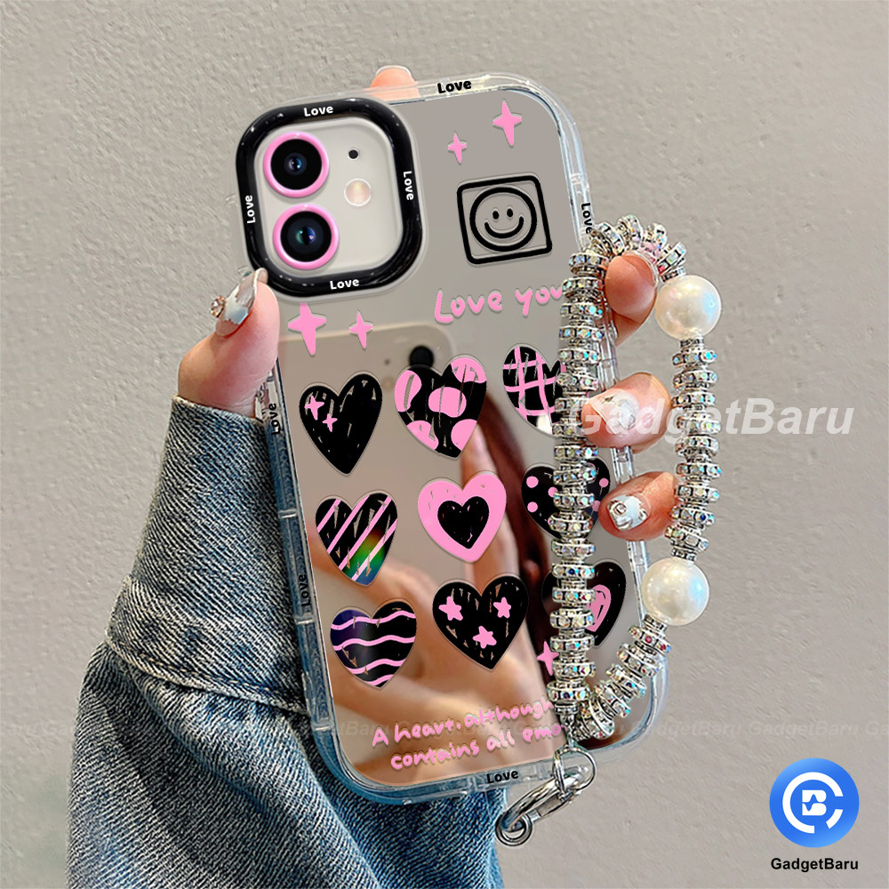 Case up hati cinta hitam premium lucu Mirror 3D Printed bumper anti jatuh casing Untuk vivo Y15S Y01
