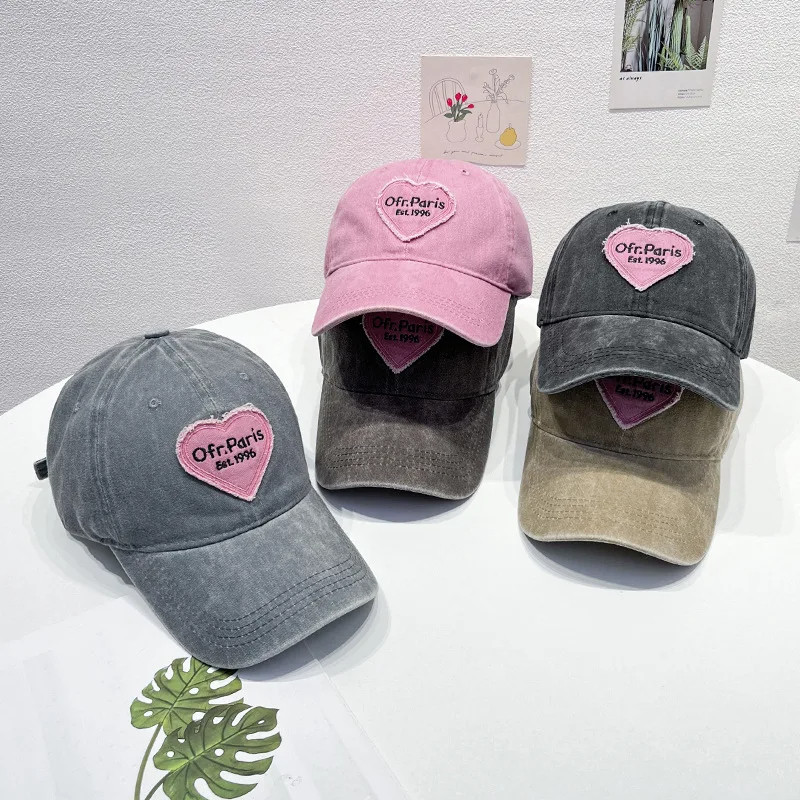 Women Baseball Cap Vintage Washed Cotton Soft Top Dad Hat Retro Y2K Pink Love Heart Letter Embroider