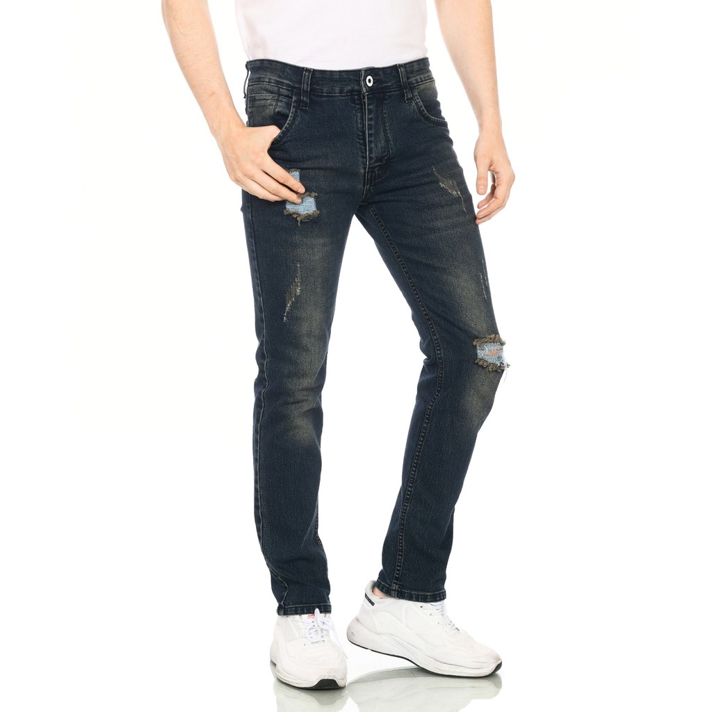 HIPSTER Libreville Celana Jeans Denim Pria Sobek Ripped Warna Blue Magenta