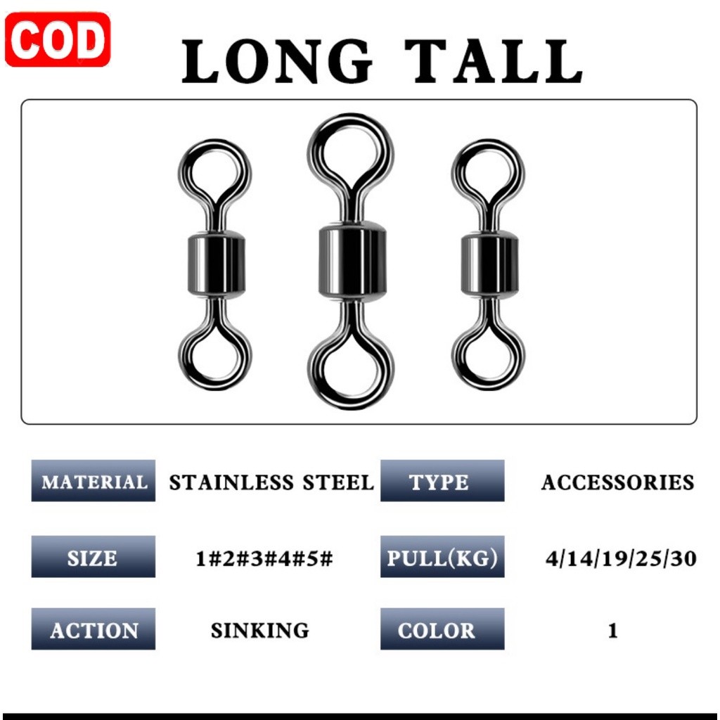 10pcs- 1 bungkus kili pancing bentuk angka 8 bahan stainless steel rolling swivel anti karat #5 #8