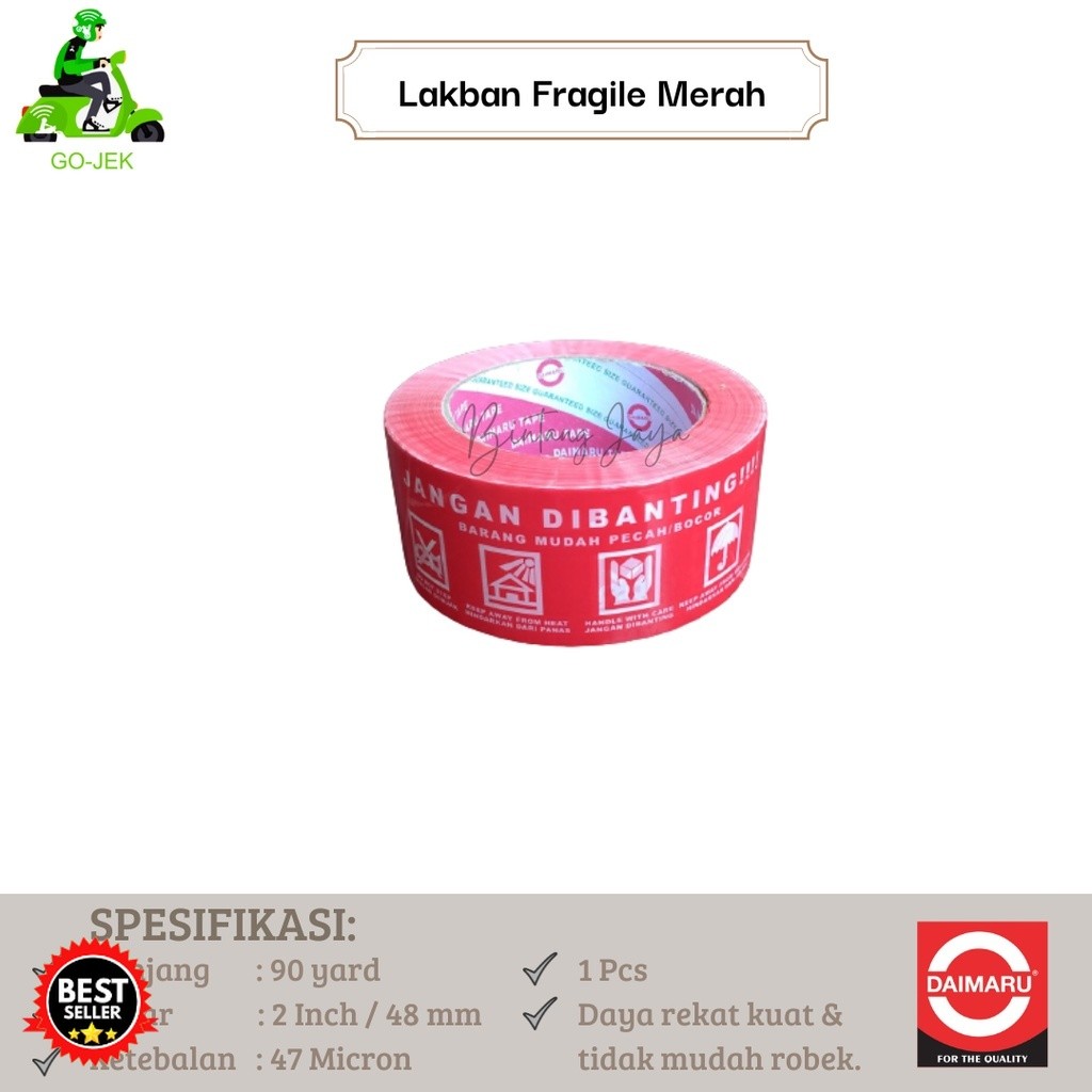 

SOLASI / LAKBAN / TAPE / PEREKAT / ISOLASI / SOLATIP DAIMARU FRAGILE 2 INCH X 100m MERAH (Lakban Fragile Merah 100m)
