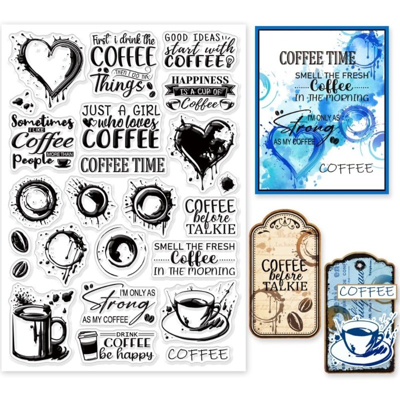 

1Sheet Coffee Stains Clear Stamps 8.3x5.8 inch Coffee Cups Blessing Words Silicone Clear Stamp Seals Graffiti Transparent Stamps