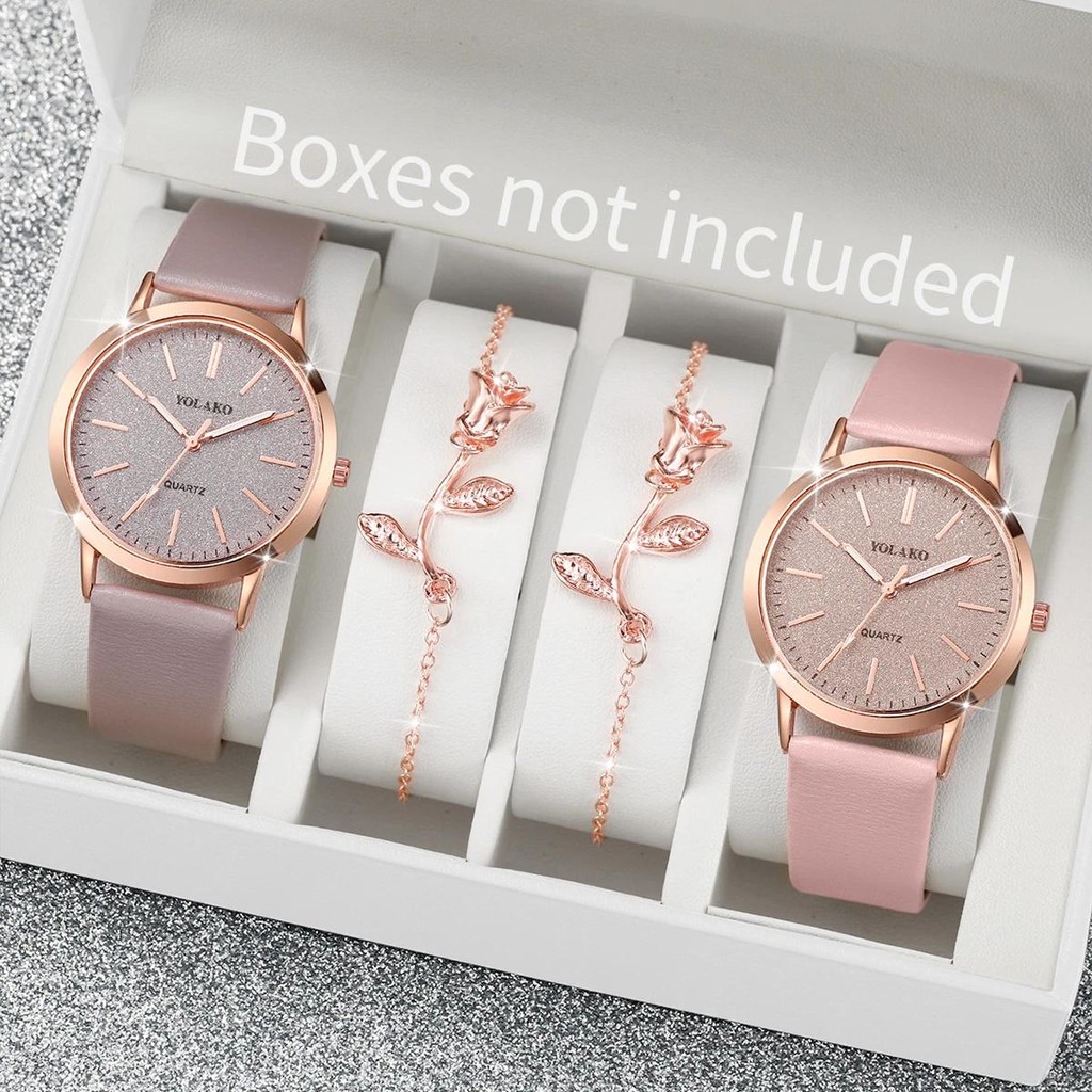 4PCS Jam Tangan Kuarsa Wanita Skala Sederhana Dial Besar Tali Kulit Jam Tangan Gelang Cinta Mawar