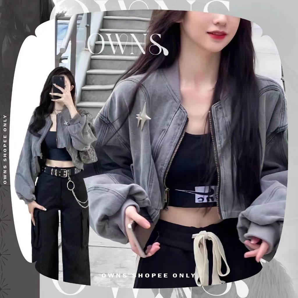 ZL washed denim jacket lengan panjang/zipper jacket y2k/boomber jacket wanita overszie