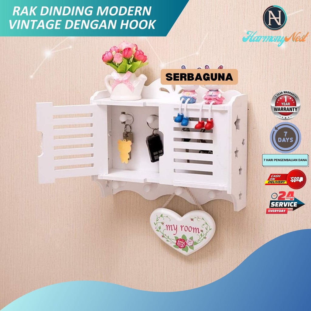 HarmonyNest - Rak Sudut Dinding Laci Dengan Hook Gantungan Motif Vintage Aesthetic Tempat Bingkai Fo