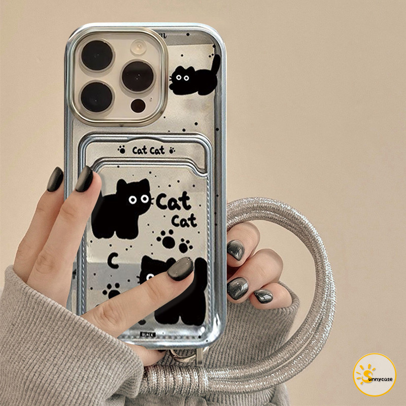 Casing Tempat Kartu Kredit Kitten Black Silver Kompatibel untuk iPhone 7Plus 11 13 15 14 12 Pro Max 