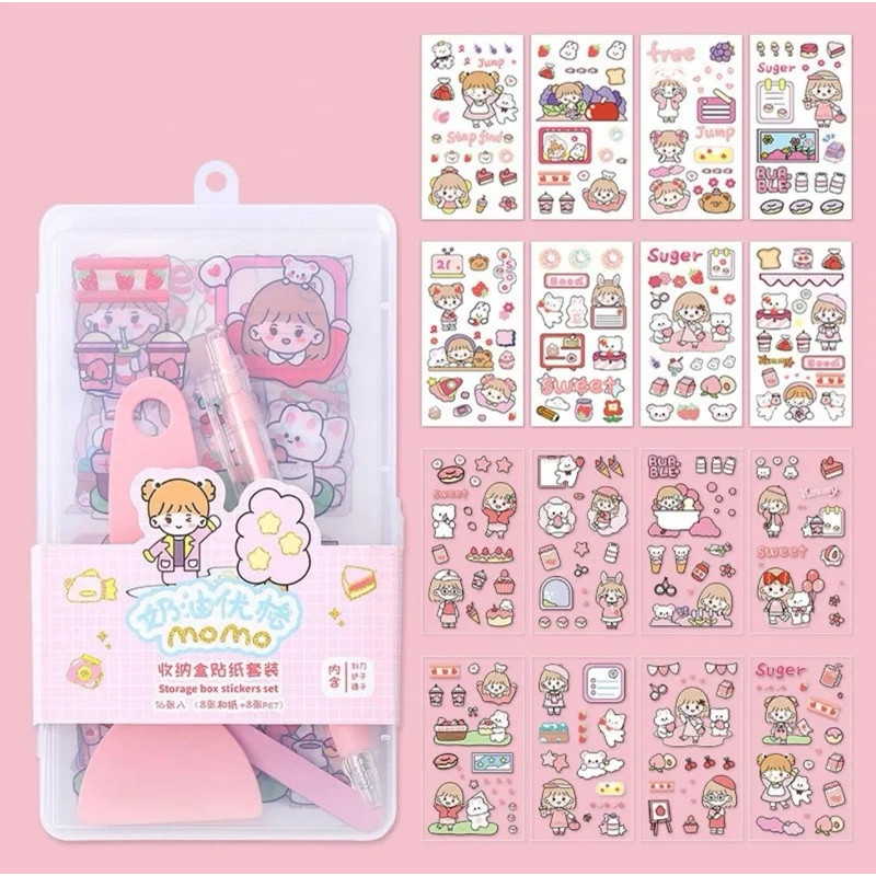 

Sticker Set Storage Box Kit Paket Kotak Sticker isi 16 lembar Sticker Aesthetic - Pink