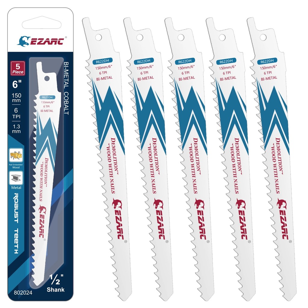 EZARC 5PCS Reciprocating Saw Blade Bi-Metal Cobalt Sabre Saw Blades for Wood Demolition 6-Inch 6TPI 