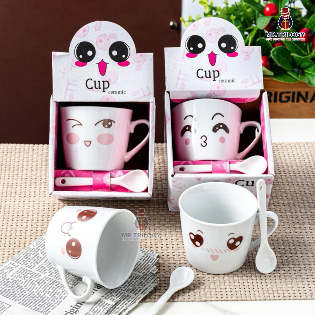 Hampers Wedding Gelas Cangkir Set Sendok EMOJI Gelas Aesthetic Tea Pot Mug Set Kado Pernikahan Hampe