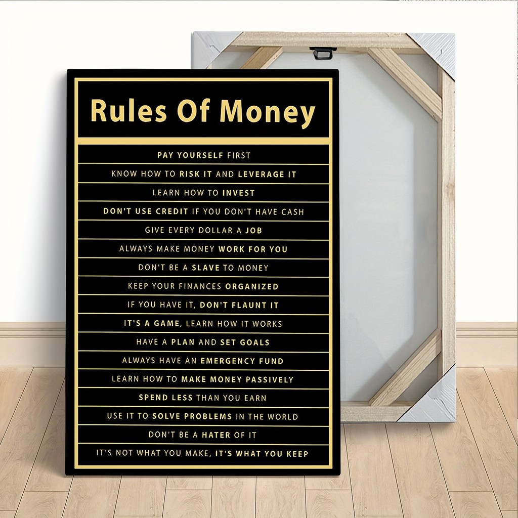 

Wood Framed Motivational Canvas Rules of Money Inspiring Wall Art for Home Gym or Office Great Labor Day Gift Ready to Hang