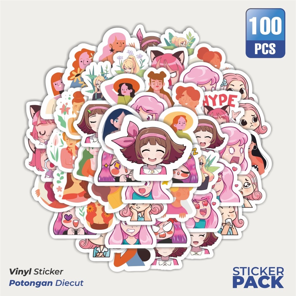 

100 PCS STIKER Kartun Gadis Cantik Lucu Stiker Waterproof Aesthetic- Untuk Laptop, Motor, dan Helm - Paper Stationery Pack