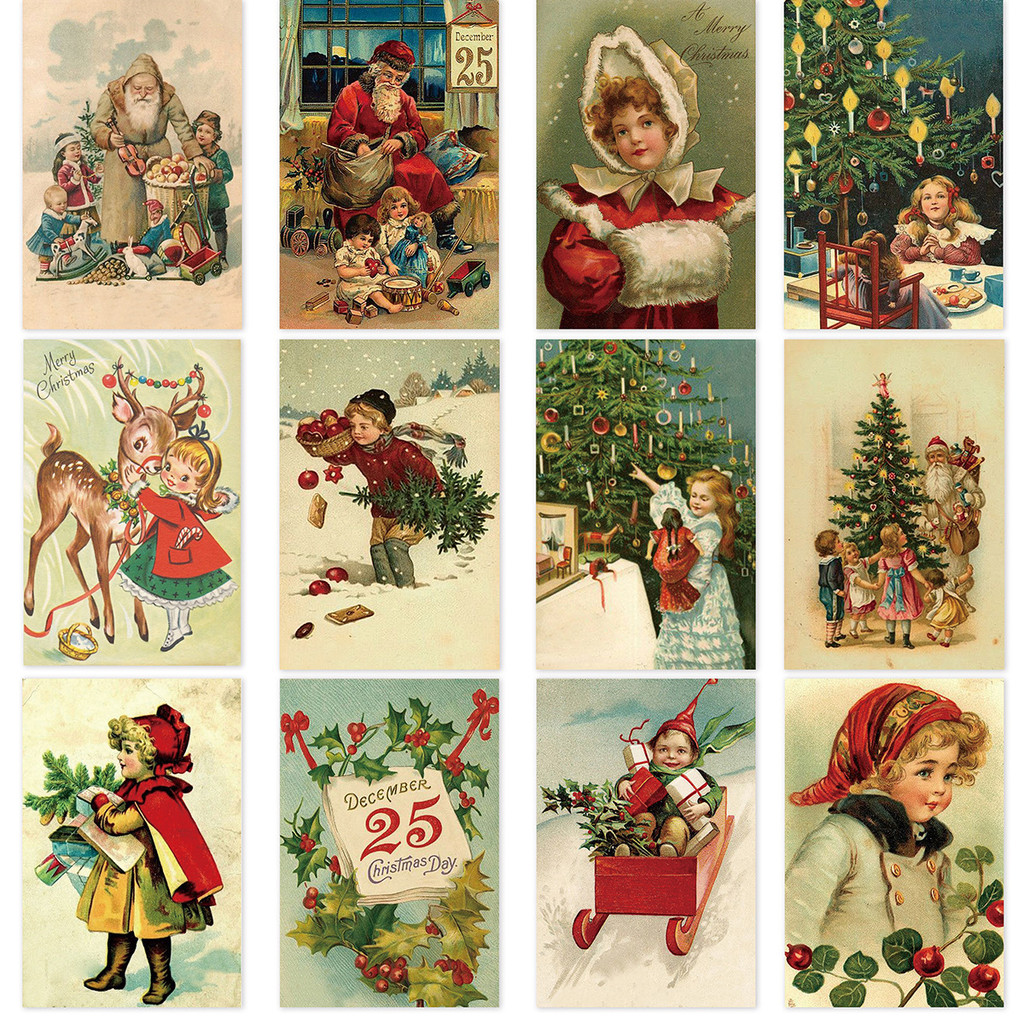 

12pcs Vintage Greeting Cards Set Santa,Elk,Xmas Tree Postcard Set,Note Cards Small Card,Perfect Vintage Gift