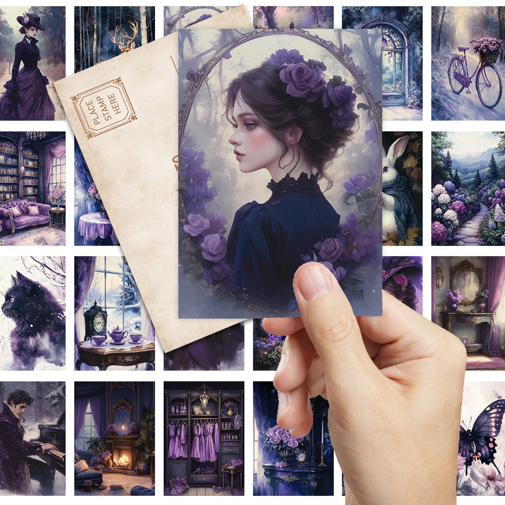 

32pcs, vintage purple healing postcards, perfect for birthday/anniversary gifts, suitable for collection, gifting, and mailing.