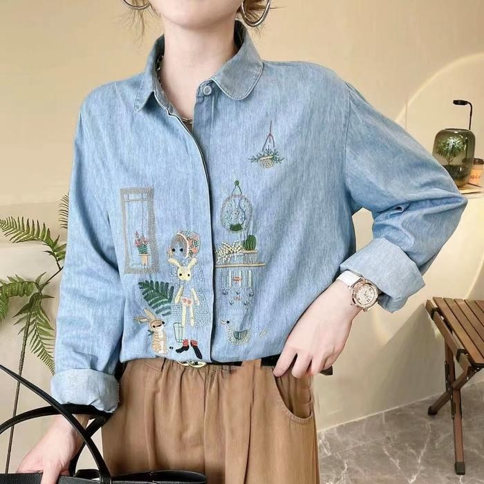 BLUS KEMEJA WANITA SOFT DENIM JEANS BIRU MUDA BORDIR KELINCI KOREA IMPORT