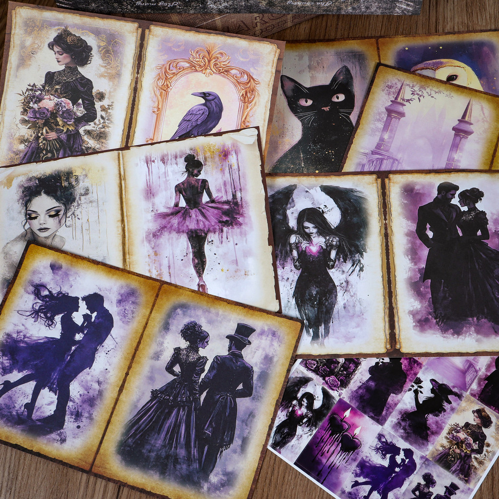 

12papers,32stickers A5 Purple Gothic Style Scrapbook Paper Set, for DIY Crafts, Junk Journals, Background Pad, Clip Art