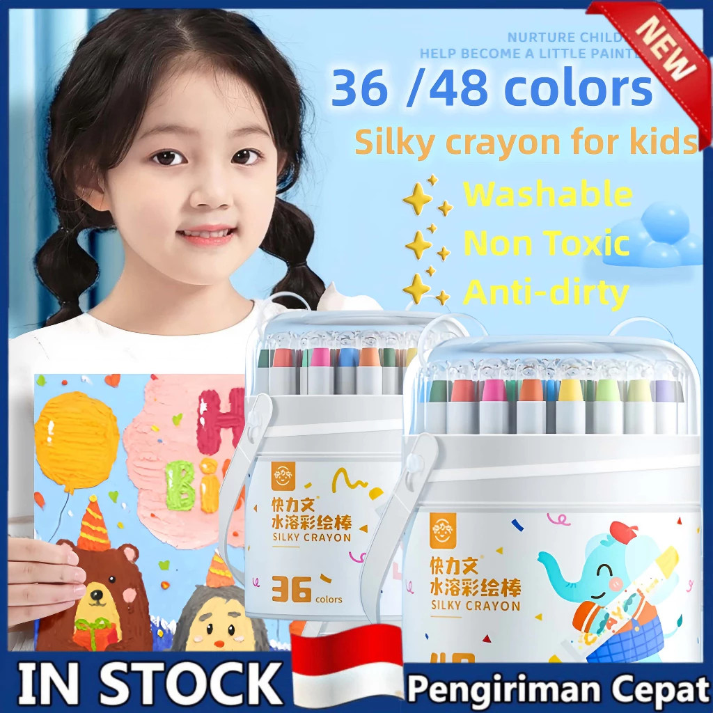 

（In stock）Washable Silky Crayon 36 / 48 Warna Colorful Bucket Krayon Mewarnai Alat Warna Set Anak Wipe and Clean