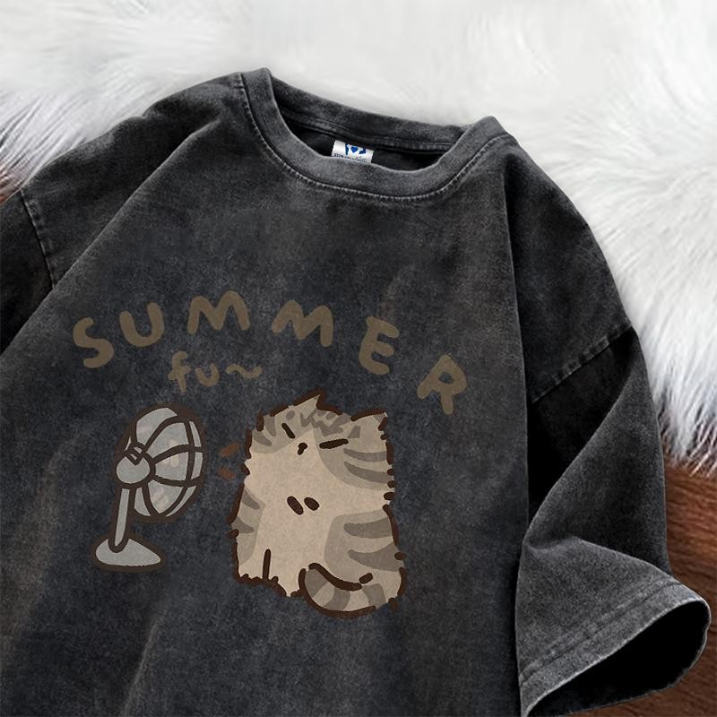 Louis - Tshirt Kaos Lengan Pendek | Motif Summer Cat | Kaos Oversize Black Washed | Bahan  Cotton