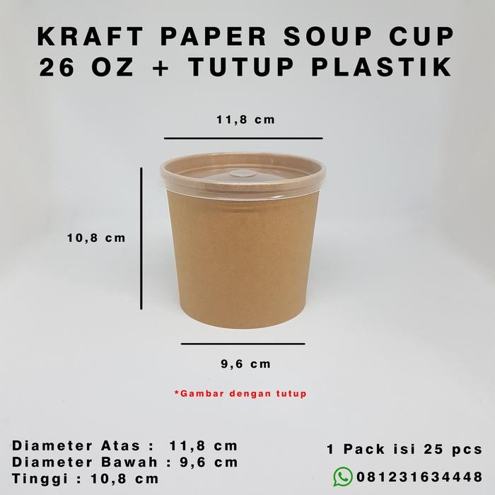 Kraft Paper Soup Cup 26 Oz + Tutup Plastik Food Grade